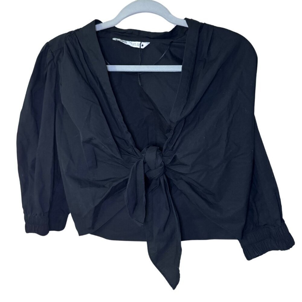 Zara Women Tie Knot Long Sleeve V Neck Cropped Shirt Size Small